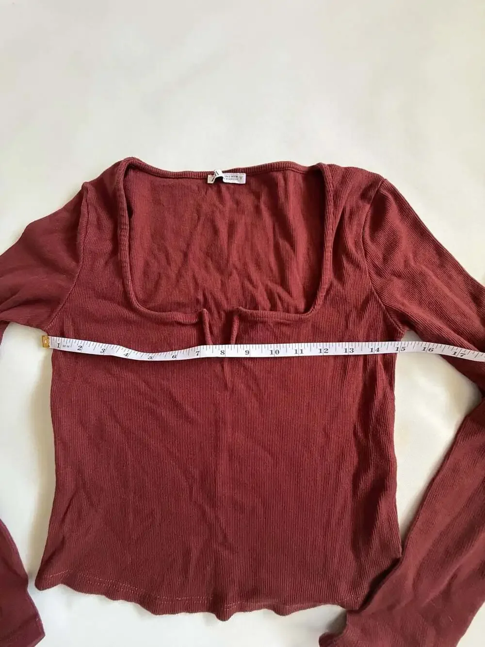Zara Top L Burgundy Ribbed Square Neck Notch Long Sleeve Crop
